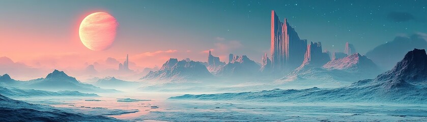 Fototapeta premium A breathtaking alien landscape under a giant planet with futuristic towers, showcasing vibrant colors and serene water reflections.