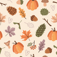 Obraz premium Cute autumn seamless pattern. Natural elements, acorns, chestnuts, cones, mushrooms and leaves. Vector texture for fabric, textile, wallpaper, apparel, wrapping.