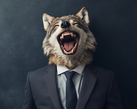 A conceptual image depicting a businessman with the head of a wolf laughing out loud, dressed in a suit and tie, symbolizing power and ferocity