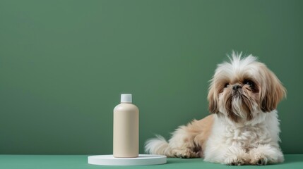 A modern spray bottle sits on a circular stand beside a fluffy dog, highlighting a grooming product in a serene indoor environment with a green backdrop