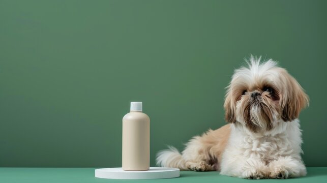 A modern spray bottle sits on a circular stand beside a fluffy dog, highlighting a grooming product in a serene indoor environment with a green backdrop