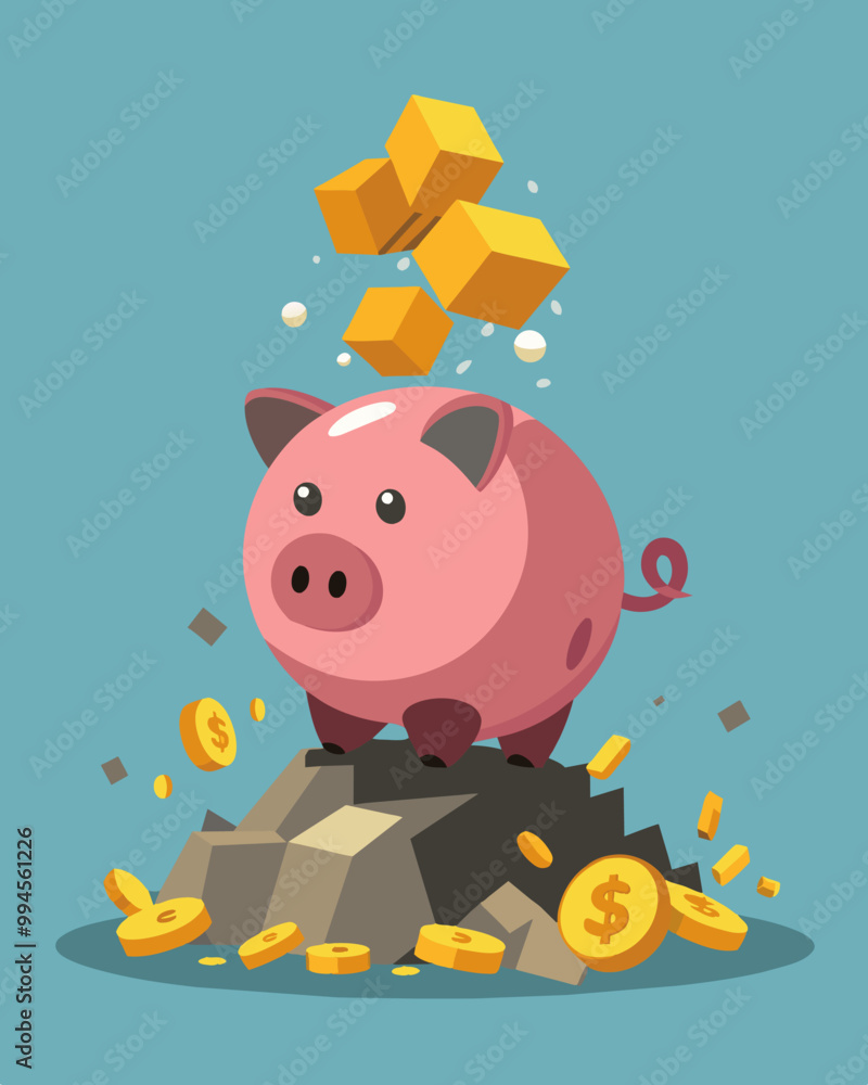 Poster a piggy bank sitting on a pile of rubble having been smashed by a wrecking ball with coins and bills