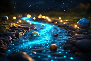 A mystical river flowing through space, where the water is made of glowing blue energy, and planets float gently along its current