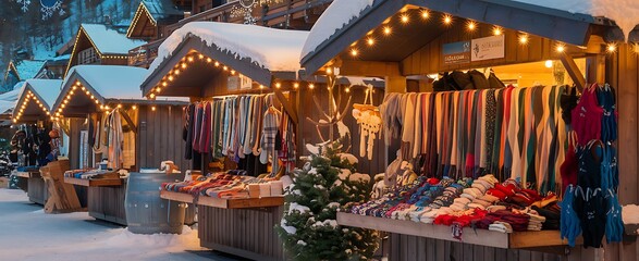 Fototapeta premium Wooden market stalls lined with various colorful goods in a snowy European village during the festive season.