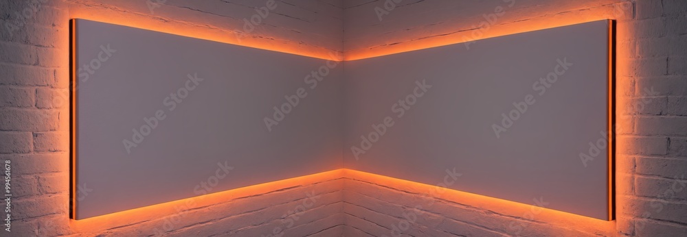Poster minimalistic design featuring two illuminated panels in a corner, highlighted by a vibrant orange ne