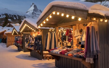 Obraz premium A row of wooden market stalls with twinkling lights in a snowy village, showcasing winter wear and souvenirs against a backdrop of the iconic Matterhorn peak.