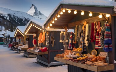 Obraz premium A row of Christmas market stalls with goods for sale, with a snowy mountain in the background.