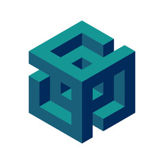Cube logo, geometric vector design. Box logotype company, trendy techno emblem in isometric 3D style.