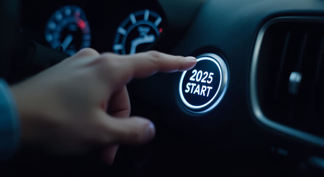 Finger Presses "2025 Start" Button in Car. New Year. New Goals. Future.