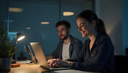 Fototapeta premium A middle-aged Caucasian man and a young Caucasian woman working together on a laptop in a dimly lit office environment