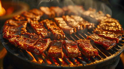 A grill loaded with Korean BBQ meats, captured using an ultra HD camera with a ring light for even illumination
