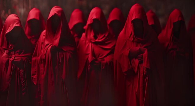 Mysterious Figures in Dark Red Robes, Hidden Faces
