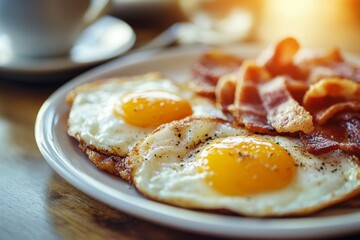 Breakfast of sunny side up eggs and crispy bacon with coffee on a rustic plate