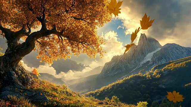 Autumn leaves falling from tree with mountain landscape