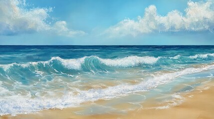 A painting of ocean waves crashing on a sandy beach under a bright blue sky