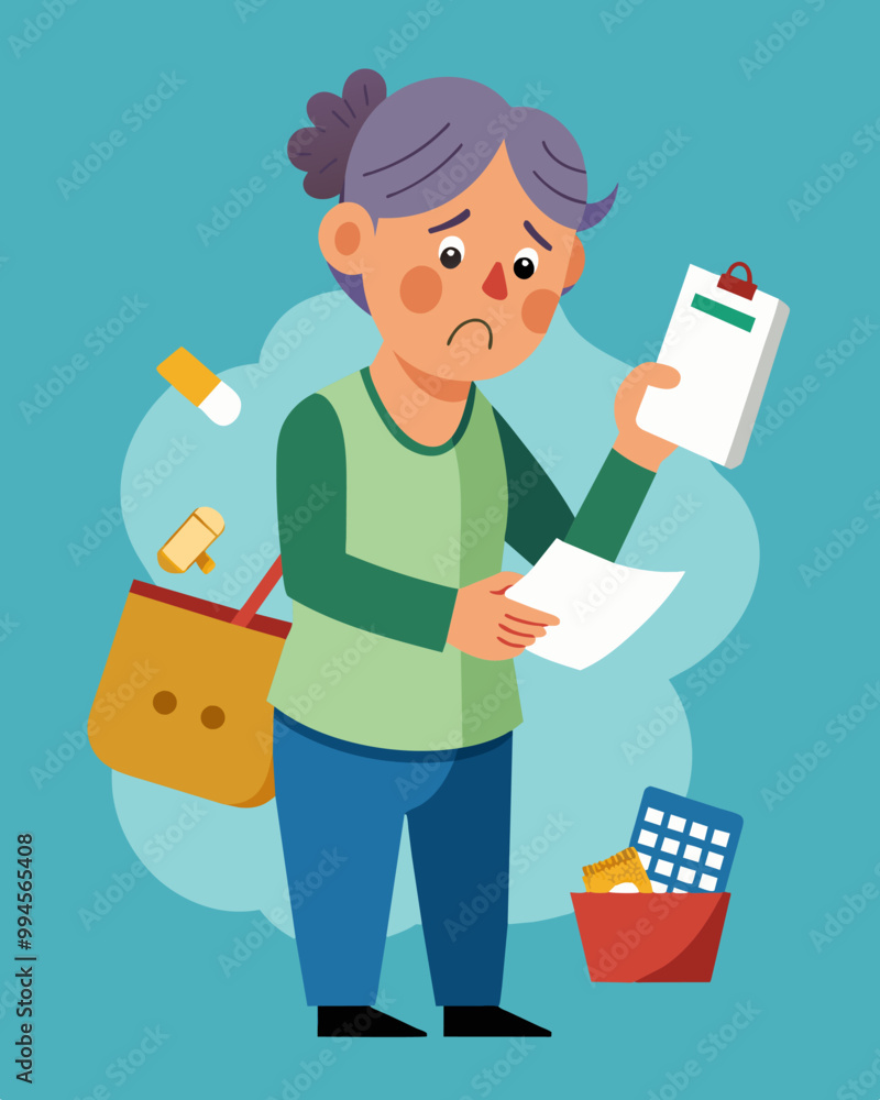 Poster a wornout parent with a calculator in hand carefully budgeting and crossing off items from their gro