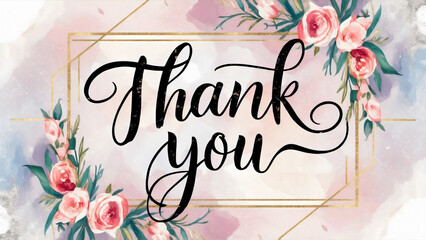 Thank you card template in elegant calligraphy, surrounded by outlined in a delicate frame ,a pink green watercolor floral border and a soft pastel background, luxurious, sophisticate, invitation