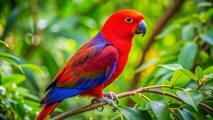 Fototapeta premium Vibrant Eclectus Parrot Perched on a Branch Surrounded by Lush Green Foliage in Natural Habitat