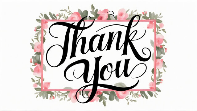 Watercolor elegant "Thank you" card template with calligraphy text, framed by delicate pink and green floral border design elements on a clean white background, romance, wedding, baby shower - Powered by Adobe