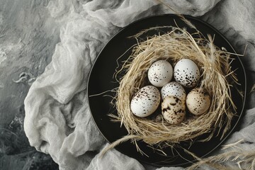 Obraz premium Black eggs on gray background with quail eggs in the center. Top view. Copy space