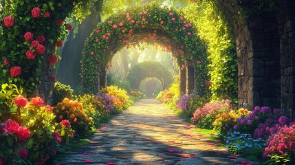 A stunning pathway lined with vibrant flowers and lush greenery, lit by soft sunlight, creating a serene and enchanting atmosphere.