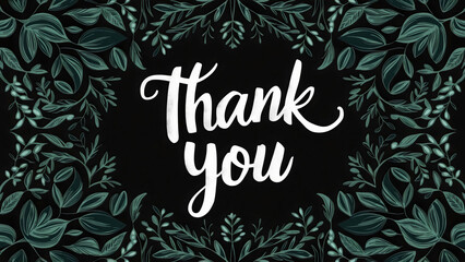 Thank you card template with white calligraphy on a black background, framed by a floral greenery border, green leaves motif design, poster, typography, copy space, invitation, banner, pattern, ornate