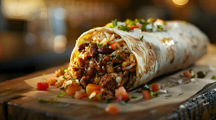 A loaded burrito with rice, beans, and shredded meat, captured using an ultra HD camera with a ring light for even illumination