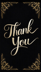 Golden style of elegant thank you card with luxurious foil calligraphy and floral ornate border on a sleek black background, poster, motif flat design, wedding, birthday, christmas, invitation, banner