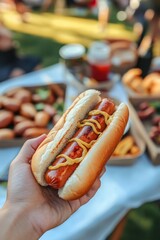 Hand holding a hot dog. Sausage, bun, and mustard. Close up on delicious street food.