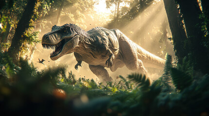 A towering dinosaur charging through a dense jungle, its muscles rippling with power. Leaves and branches are scattered in its wake, while beams