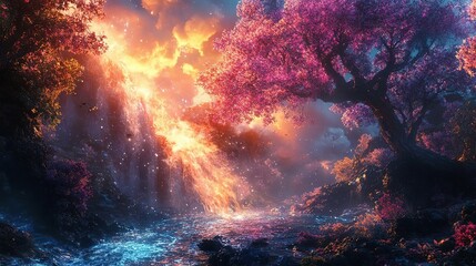 Fototapeta premium A vibrant fantasy landscape featuring colorful trees, a radiant waterfall, and a shimmering river under a dramatic sunset sky.