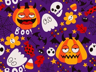 Halloween cute pumpkins seamless monsters pattern for wrapping paper and fabric