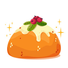 Italian panettone.  Traditional Italian Christmas pastries. Christmas cake. National sweet retro baked. Panettone sweet bread Merry Christmas holiday. Vector for stickers, ad, patterns, greeting card