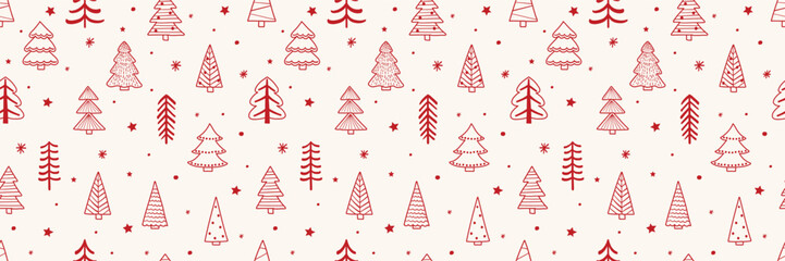 Christmas tree seamless pattern. Cute holiday background with cartoon ornaments. Vector illustration