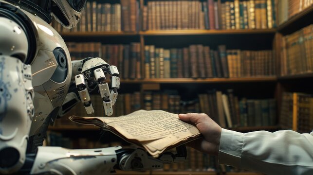 A robot in a library shares an old book with a human. - Powered by Adobe