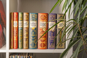 Fototapeta premium complete colorful collection paper books by JK Rowling about Harry Potter, appealing to book lovers, especially fans children's literature and fantasy, Frankfurt - December 22, 2023