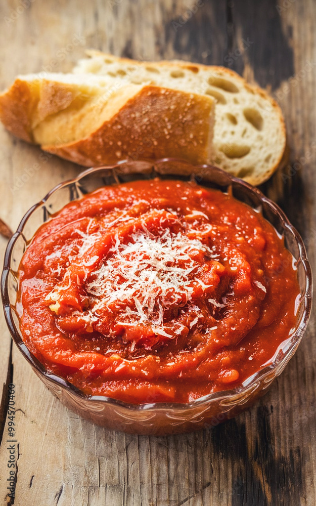 Wall mural a glass plate of bolognese tomato sauce sprinkled with parmesan cheese and a piece of crusty bread.