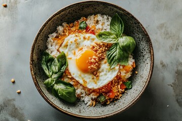 Popular Thai style street food includes stir-fried basil century eggs with pork and fresh bird's eye chilies on top of boiled rice and fried eggs.