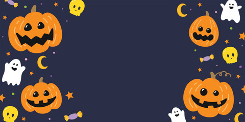 Halloween banner with cute hand drawn pumpkins, ghosts and skulls. Vector illustration