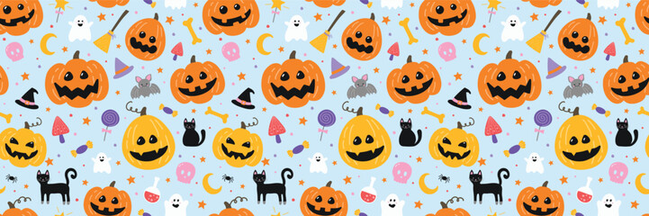 Halloween background with hand drawn elements. Seamless texture concept. Vector illustration