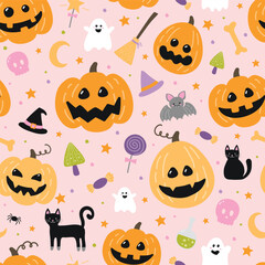 Halloween background with cute icons. Seamless pattern concept. Vector illustration