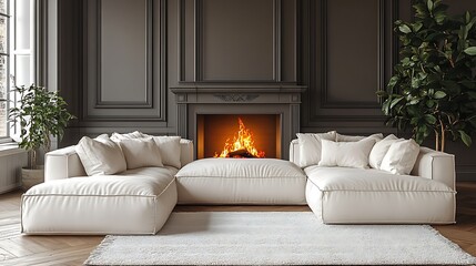 Obraz premium White corner sofa near fireplace. Scandinavian home interior design of modern living room. 