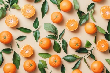 A row of ripe orange yellow tangerines on beige background with green leaves. Citrus fruit mandarines in a food frame, top view, flat lay, minimalist style, still life.