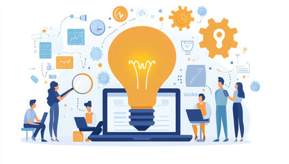A diverse team collaborates in a modern workspace, generating innovative ideas while utilizing technology and visual tools on their devices