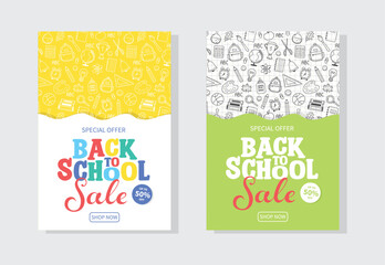 Back to School Sale background with hand drawn elements. Set. Vector illustration