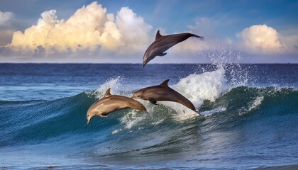 Fototapeta premium Playful dolphins jumping over breaking waves. Hawaii Pacific Ocean wildlife scenery. Marine 