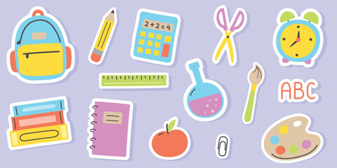 Back to School icon set. Colourful cartoon style supply stickers. Vector illustration