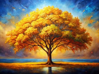 Obraz premium Vibrant Gold Tree Painting with Abstract Background, Ideal for Home Decor and Art Enthusiasts