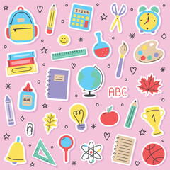 Collection of a hand drawn school icons. Colourful stationery stickers. Vector illustration