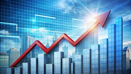 Obraz premium Red arrow is going up over a bar chart, showing economic growth in a modern city